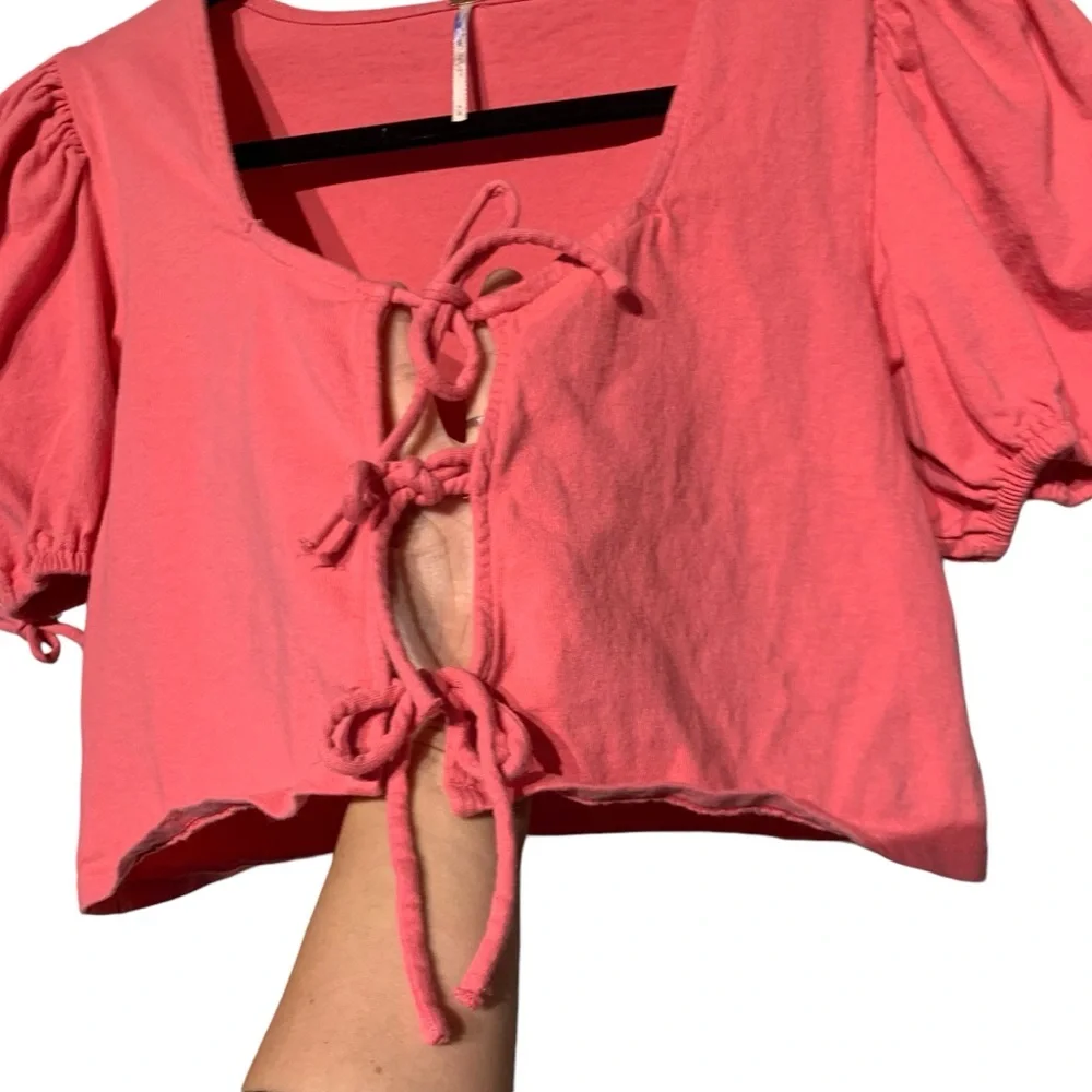 Free People Kitty Tie Front‎ Crop Top Puff Sleeve Pink Romantic M